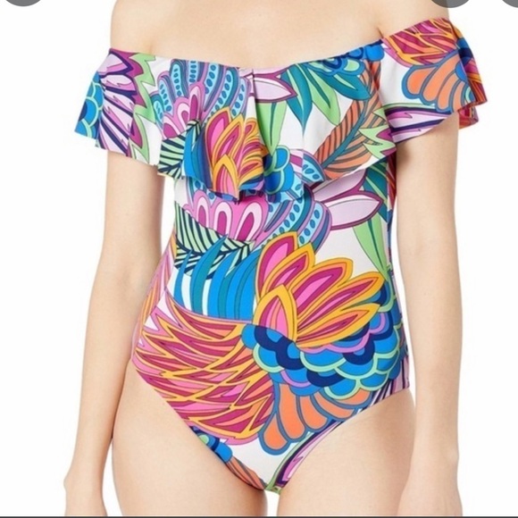 Off the shoulder one piece tropical swimsuit size 14 - Picture 1 of 7